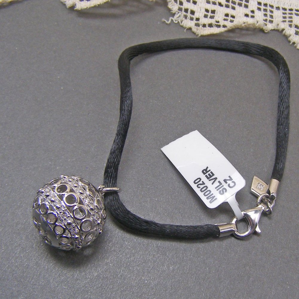 Sterling Silver Large Bohemian Filigree CZ Bead Ball Charm Black Cord Bracelet